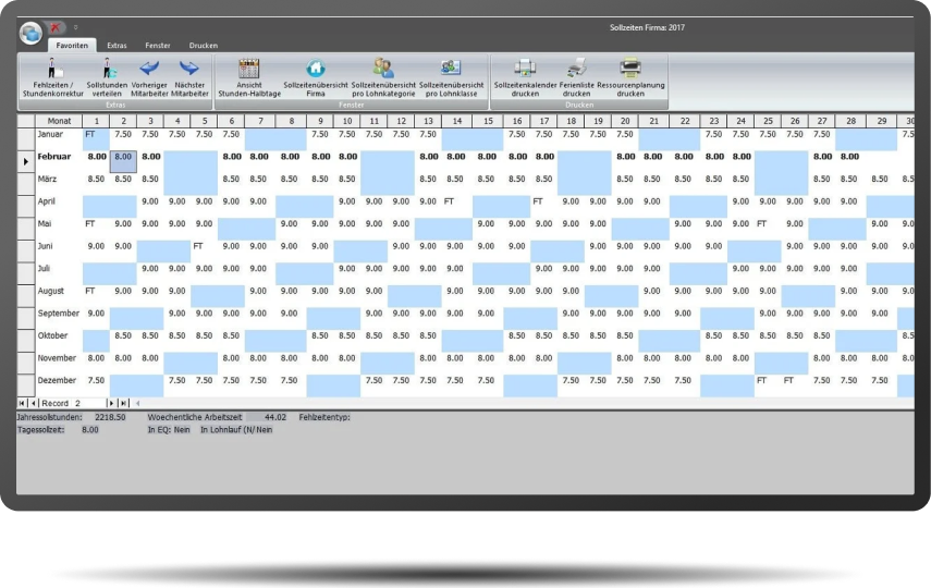 Arbeitszeitkalender mit Soll-Stunden in der SORBA Zeiterfassung