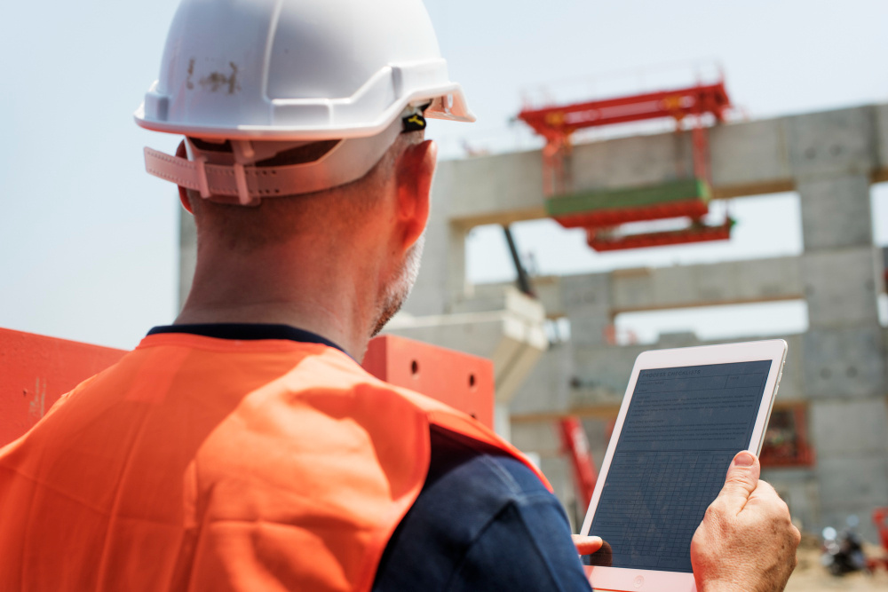 Bauarbeiter mit Tablet für die digitale Arbeitsrapportierung
